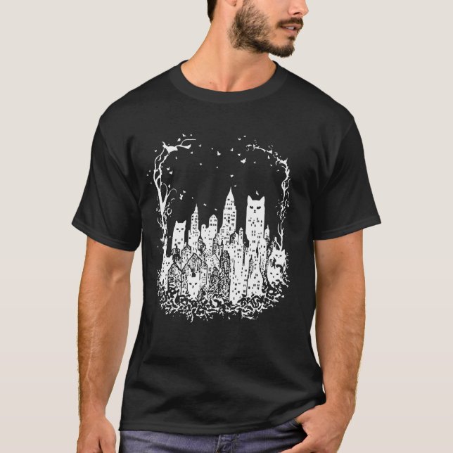 Cat Town Surreal Cat High Rise Funny Cats T-Shirt (Front)