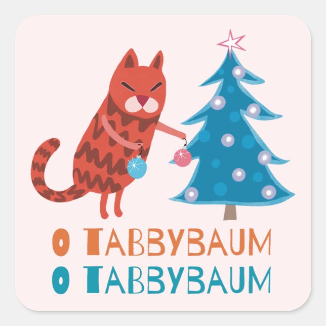Cat Trimming the Christmas Tree Square Sticker (Front)