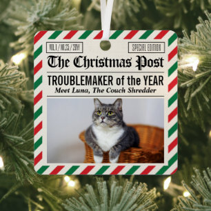 Cat Troublemaker Of The Year Christmas Newspaper Metal Ornament