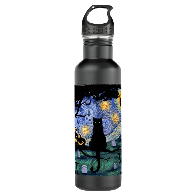 Cat Tshirt, Scary Night Cat Tee, Van Gogh Gift, Ha 710 Ml Water Bottle (Front)