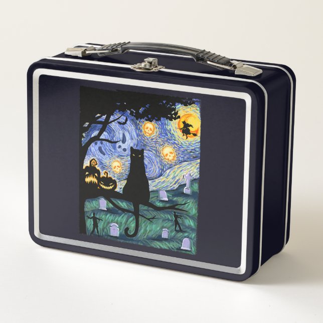 Cat Tshirt, Scary Night Cat Tee, Van Gogh Gifts Ha Metal Lunch Box (Front)