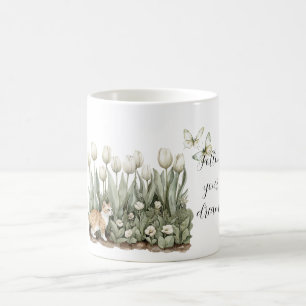 Cat Tulip Flowers Mint White Butterflies Coffee Mug