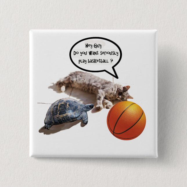 CAT TURTLE AND BASKETBALL 2 INCH SQUARE BUTTON (Front)