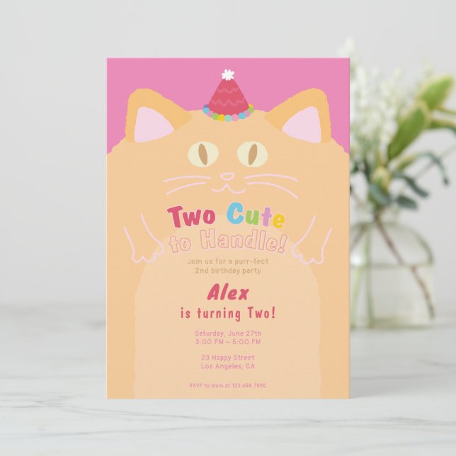 Cat "Two Cute to Handle" 2nd Birthday Invitation (Standing Front)