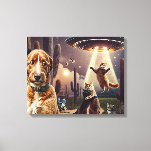  Cat UFO Abduction w/ Concerned Dog in Foreground Canvas Print (Front)