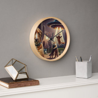 Cat UFO Abduction with Concerned Dog in Foreground Clock