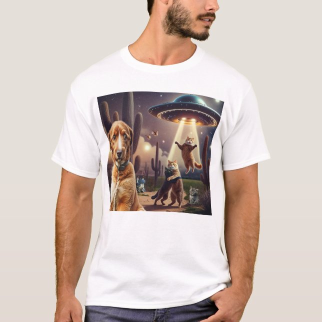Cat UFO Abduction with Concerned Dog in Foreground T-Shirt (Front)