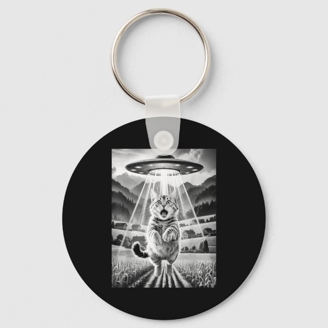 Cat Ufo Alien Abduction Funny Graphic Tees Men Wom Keychain (Front)