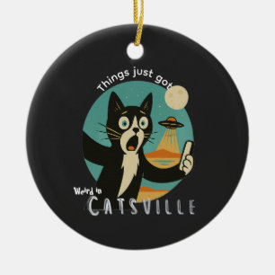 Cat UFO Alien Paranormal funny selfie Ceramic Ornament