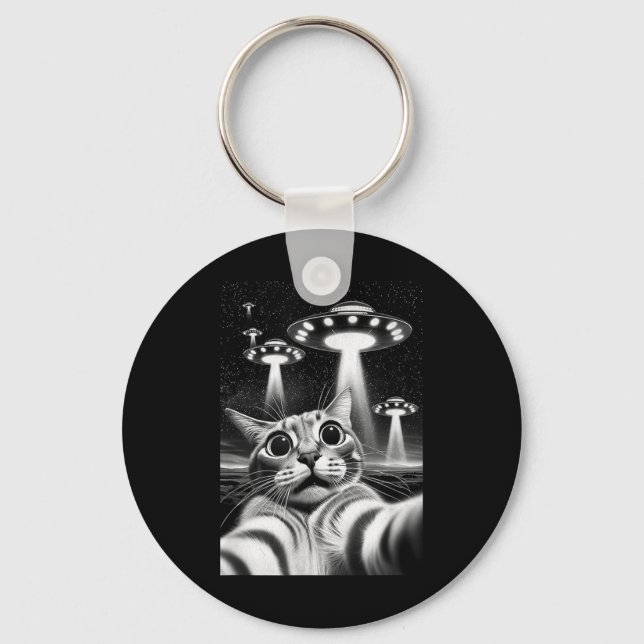 Cat Ufo _ Funny Invasion Meme Retro Alien Cat Ufo  Keychain (Front)