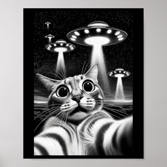 Cat Ufo Funny Invasion Meme Retro Alien Cat Ufo Se Poster (Front)