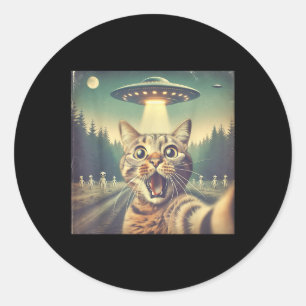 Cat Ufo Selfie Art Funny Cat Alien  Classic Round Sticker