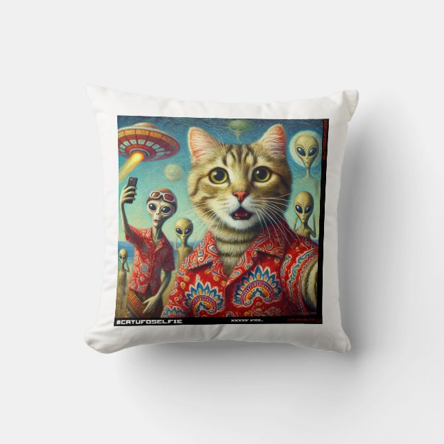 Cat UFO Selfie: Gift From The Kitten #01 Throw Pillow (Front)