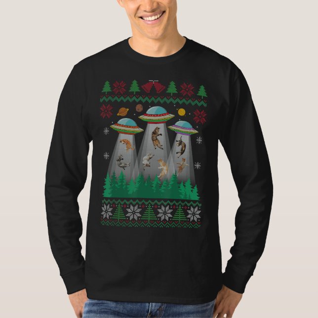 Cat Ugly Christmas Sweater Alien Ufo Cat Abduction (Front)