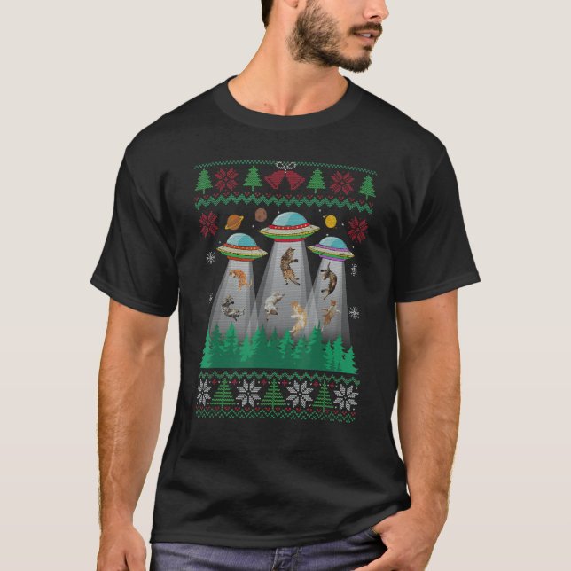 Cat Ugly Christmas Sweater Alien Ufo Cat Abduction (Front)