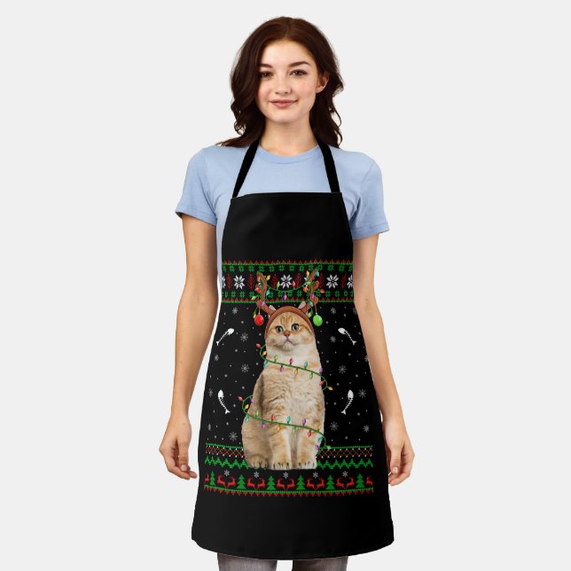 Cat Ugly Xmas Sweater Lighting Santa Cat Christmas Apron (Worn)