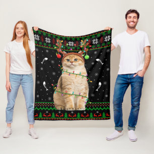Cat Ugly Xmas Sweater Lighting Santa Cat Christmas Fleece Blanket