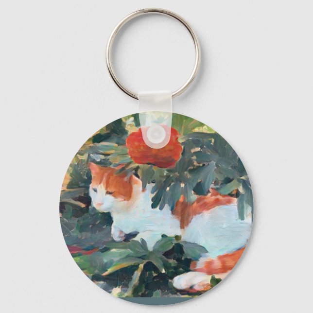 cat under a flowering bush A.I. enhanced  Keychain (Front)