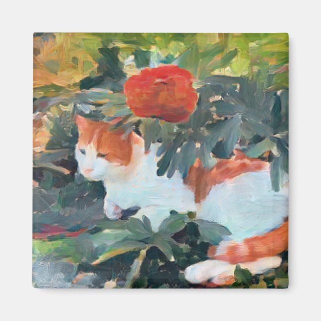 cat under a flowering bush A.I. enhanced  Magnet (Front)