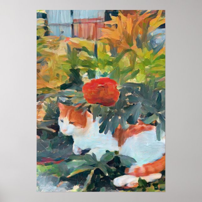 cat under a flowering bush A.I. enhanced Poster (Front)