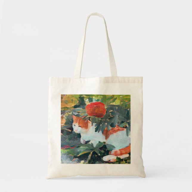 cat under a flowering bush A.I. enhanced  Tote Bag (Front)