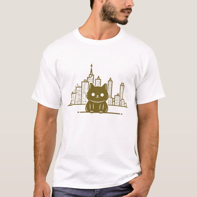 Cat Under Moon Sky Furry Cute Vector Graphic T-Shirt (Front)