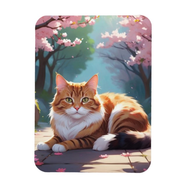 Cat under Sakura tree magnet (Vertical)