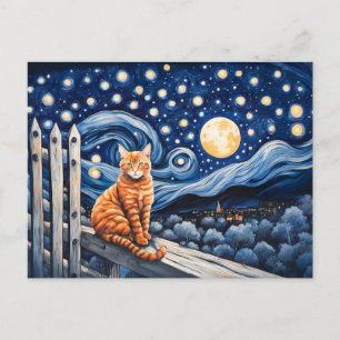 Cat Under Starry Night Watercolor Postcard