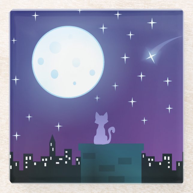 Cat Under the Moonlight Glass Coaster (Front)