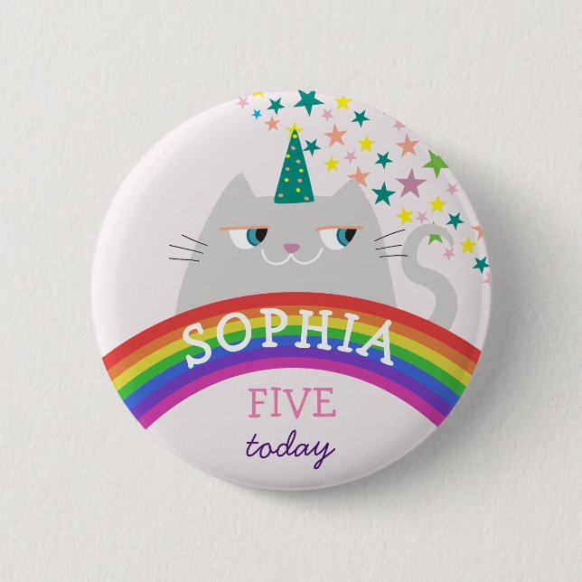 Cat Unicorn 5th Birthday Button Name Girl (Front)
