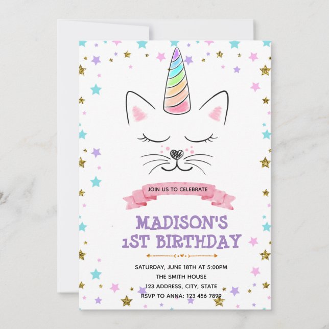 Cat unicorn birthday invitation (Front)
