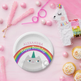 Cat Unicorn Girl Birthday Paper Plate