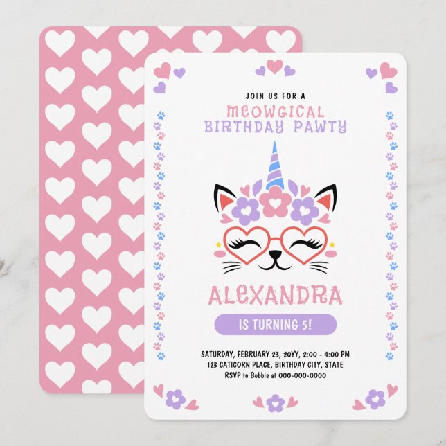 Cat Unicorn Hearts Pink Purple Blue Birthday Party Invitation (Front/Back)