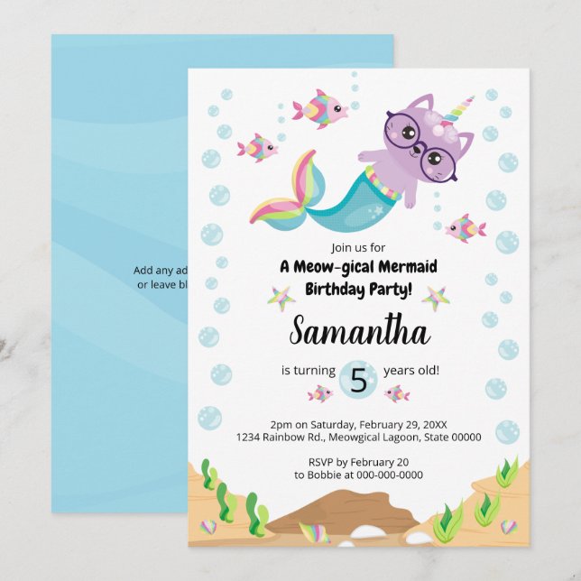 Cat Unicorn Mermaid Under the Sea Birthday Party Invitation (Front/Back)