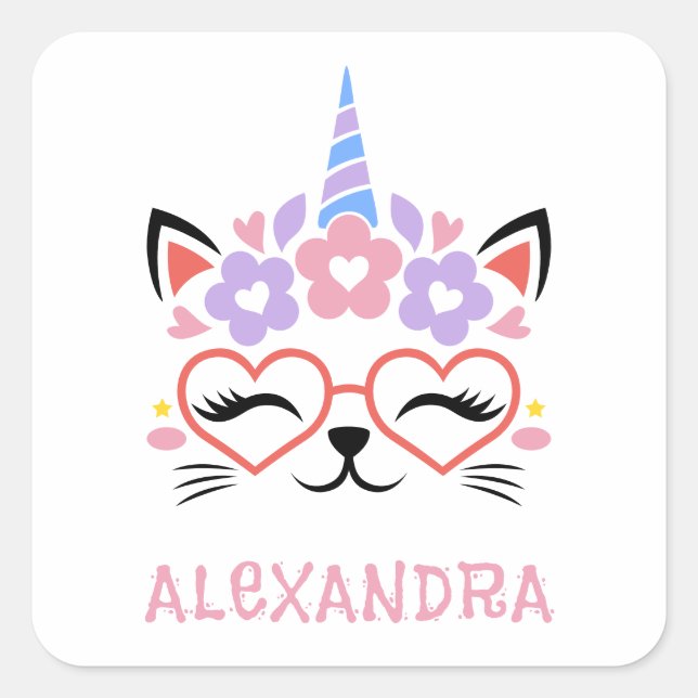 Cat Unicorn Name Template Pink Purple Blue Cute Square Sticker (Front)