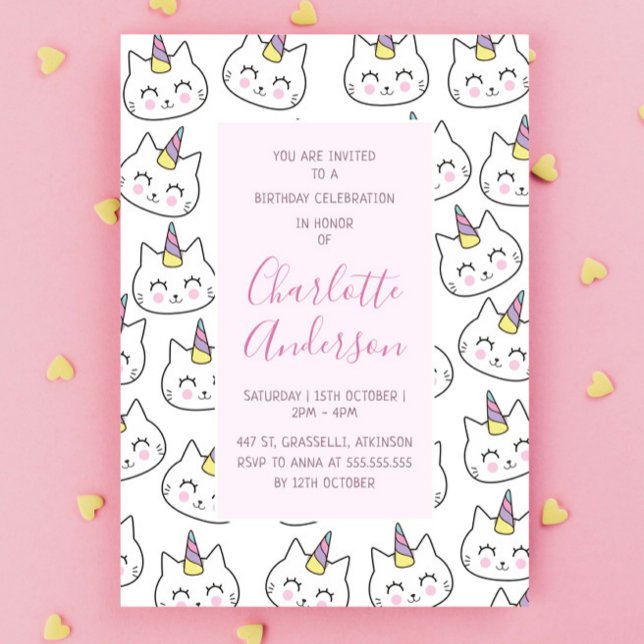 Cat Unicorn Teal Pattern Pink Birthday Party Invitation (Creator Uploaded)