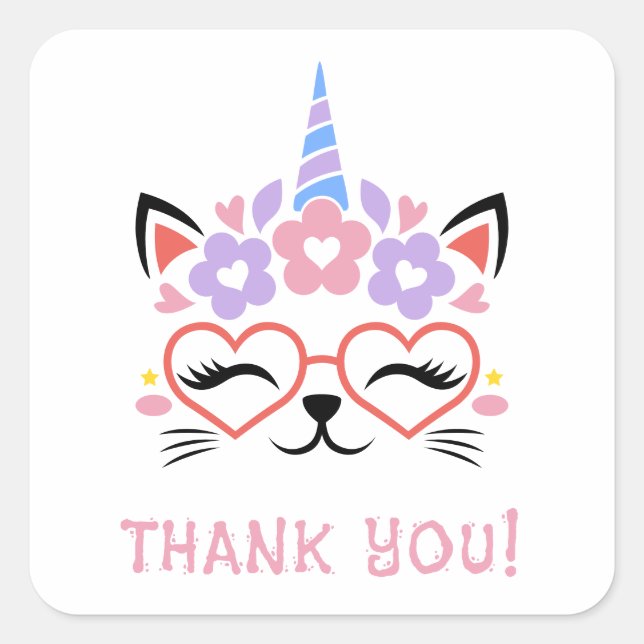 Cat Unicorn Thank You Pink Purple Blue Cute Fun Square Sticker (Front)