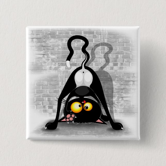 Cat Upside Down Funny Cartoon Character 2 Inch Square Button (Front)