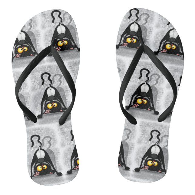 Cat Upside Down Funny Cartoon Character Flip Flops (Footbed)