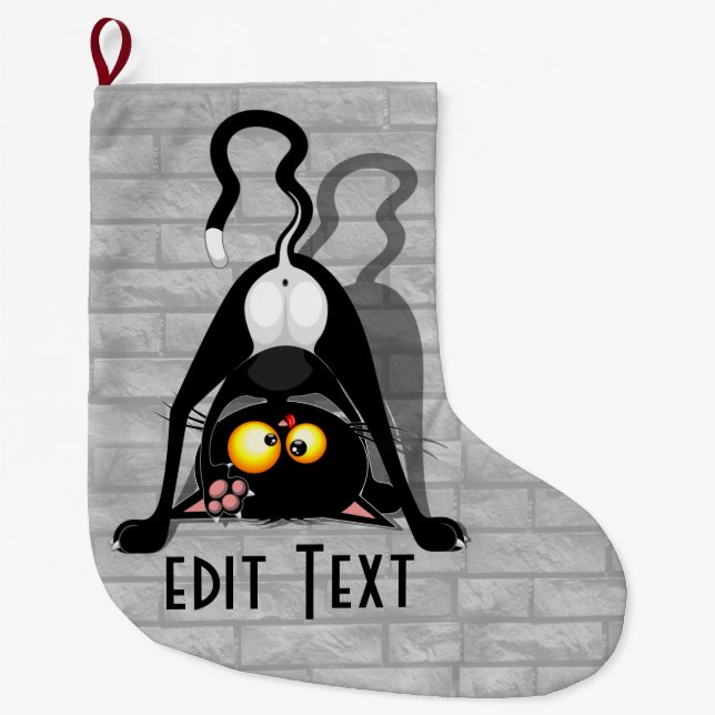 Cat Upside Down Funny Cartoon Character Large Christmas Stocking (Front)