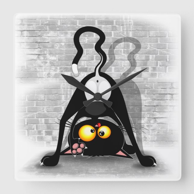 Cat Upside Down Funny Cartoon Character Square Wall Clock (Front)