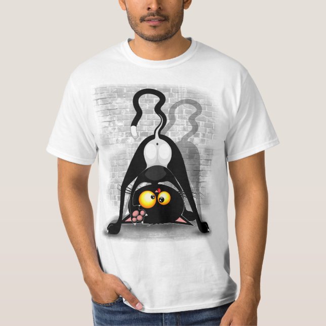 Cat Upside Down Funny Cartoon Character T-Shirt (Front)