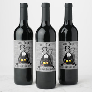 Cat Upside Down Funny Cartoon Character Wine Label