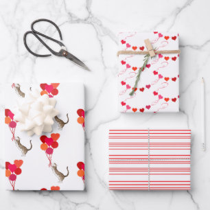 Cat Valentines Red, Pink and White Wrapping Paper Sheet