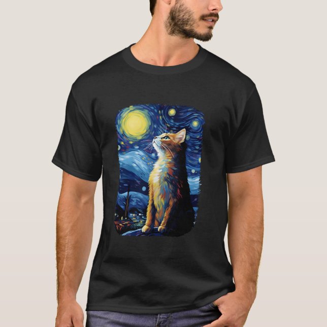 Cat Van Gogh Starry Night Style Art Cute Cat Paint T-Shirt (Front)