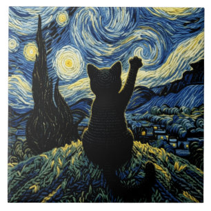 Cat Vangogh Starry Night Tile