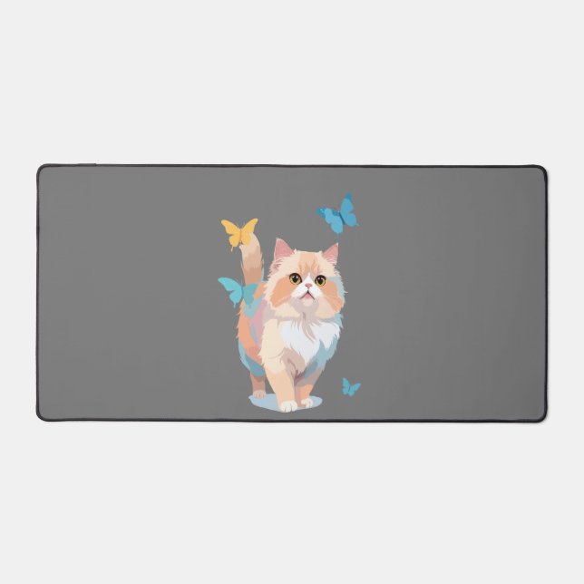 Cat Vector Painting Adorable Fun Playing Butterfly Desk Mat (Front)
