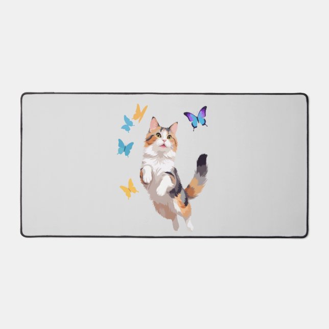 Cat Vector Painting Adorable Fun Playing Butterfly Desk Mat (Front)