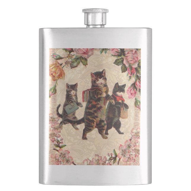 Cat Vintage Pretty Antique Kittens Hip Flask (Front)