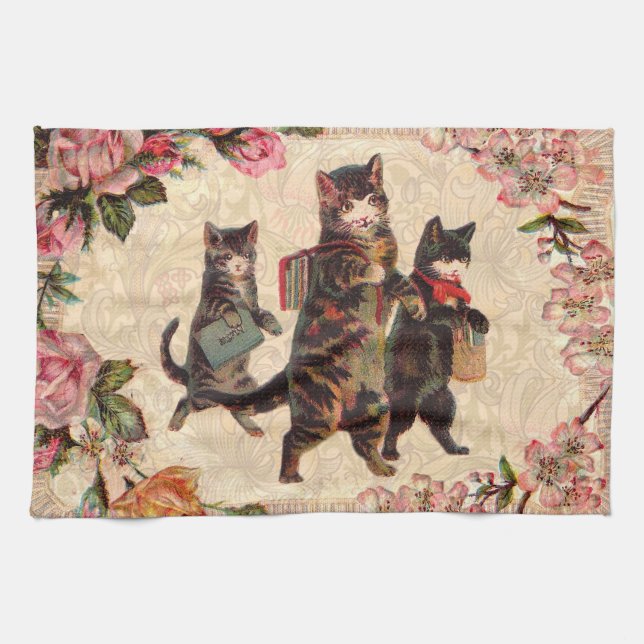 Cat Vintage Pretty Antique Kittens Kitchen Towel (Horizontal)